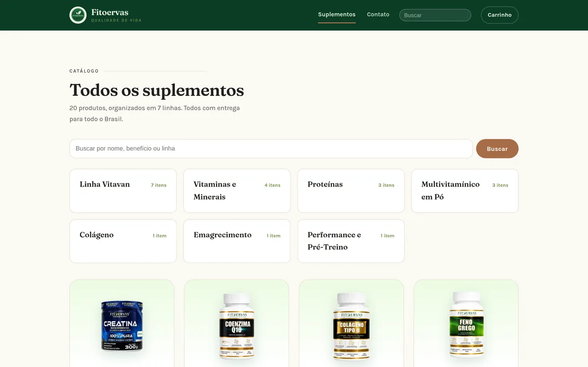 Página de catálogo da loja: 20 produtos organizados em 7 linhas, campo de busca e cartões de categoria com a contagem de itens.