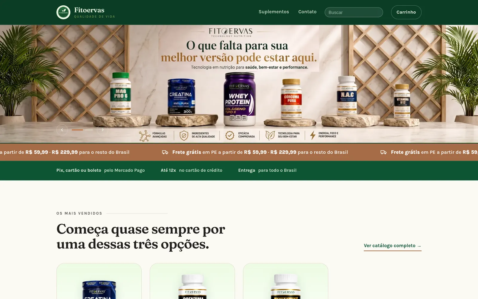 Página inicial da loja Fitoervas do Brasil, com vitrine de suplementos, faixa de frete grátis e formas de pagamento.