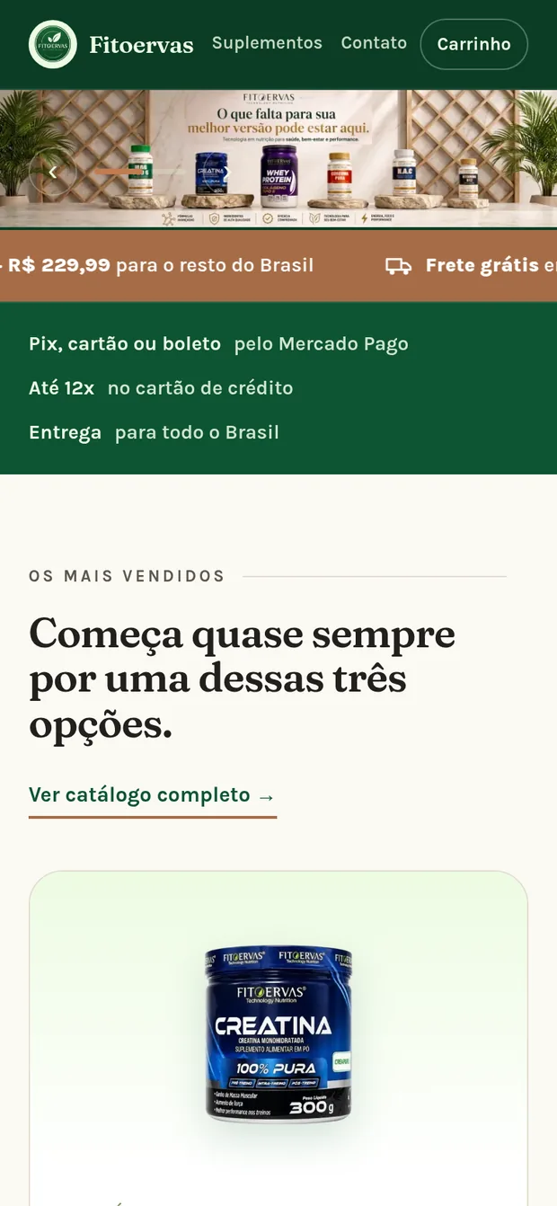 A mesma loja aberta no celular, com o menu, o banner de produtos e a faixa de frete grátis ajustados à tela pequena.
