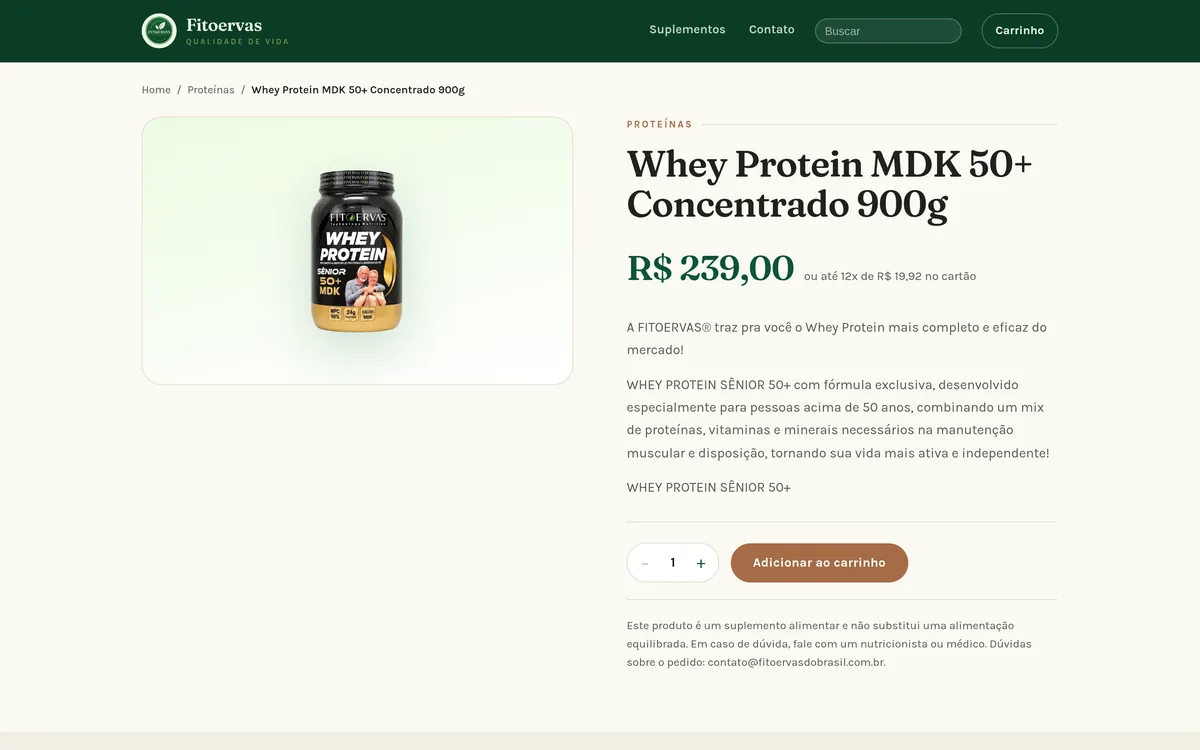 Página de produto: foto ampliável, preço, parcelamento em 12x, descrição e seletor de quantidade.